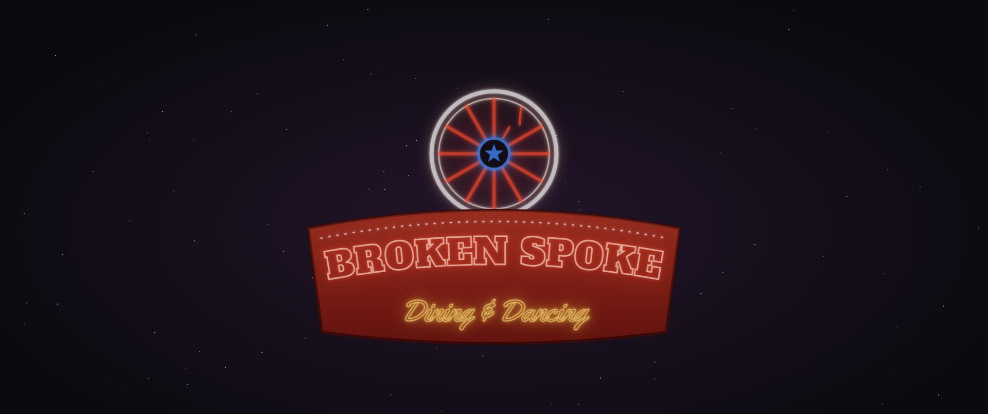 The Broken Spoke concept: a neon wagon-wheel sign glowing over a night sky