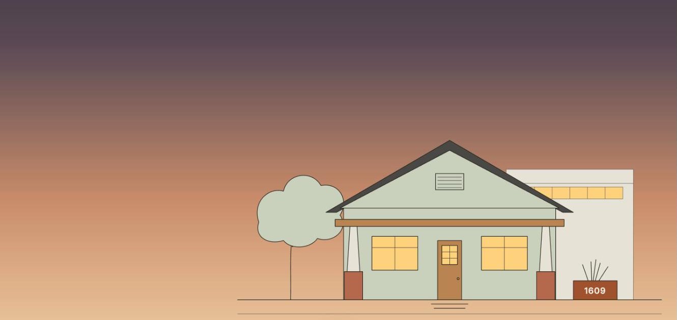 The Heywood Hotel concept: a line drawing of the hotel's bungalow at dusk, windows glowing