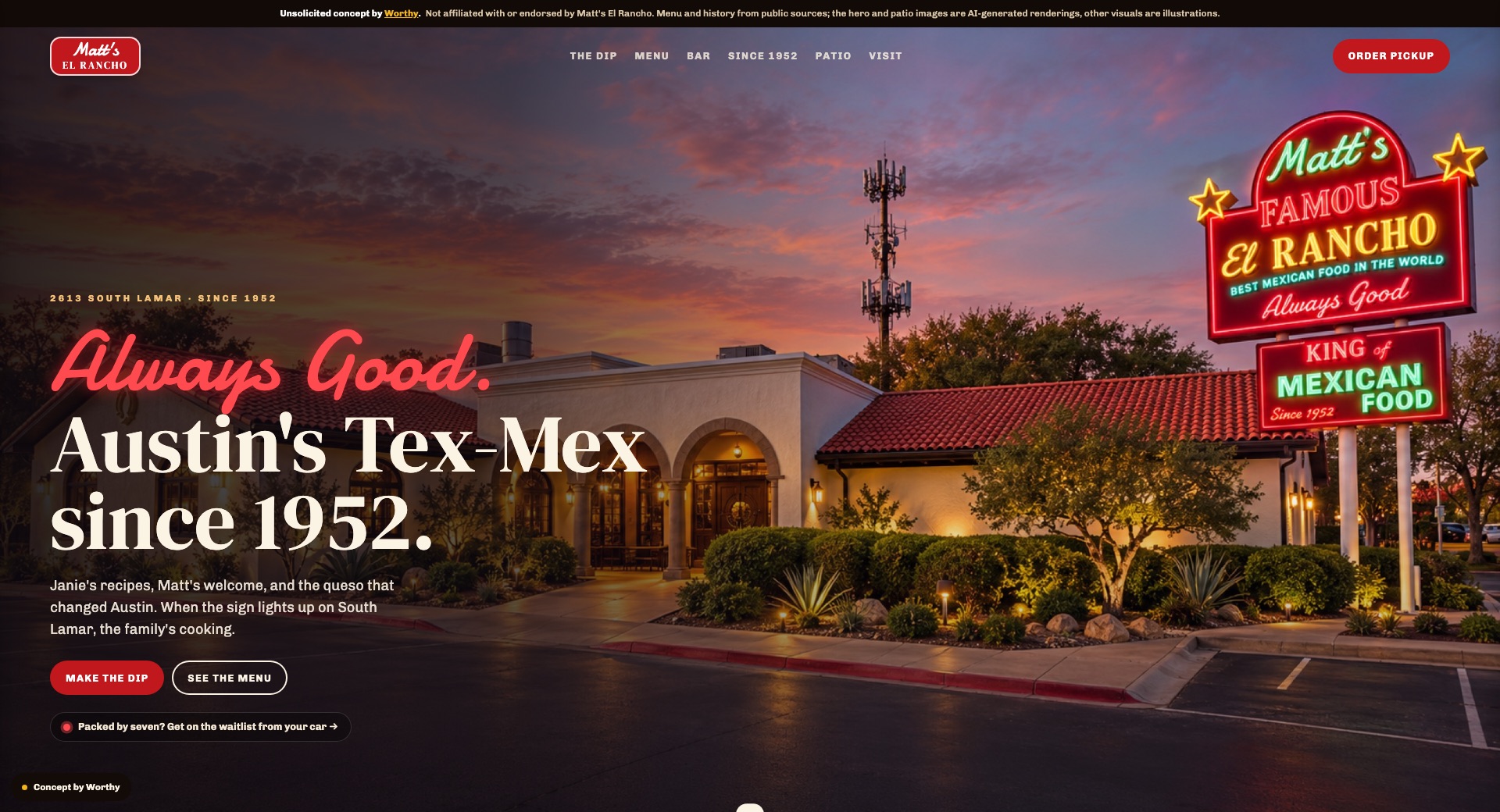 The Matt's El Rancho concept: the restaurant's neon pole sign glowing at dusk