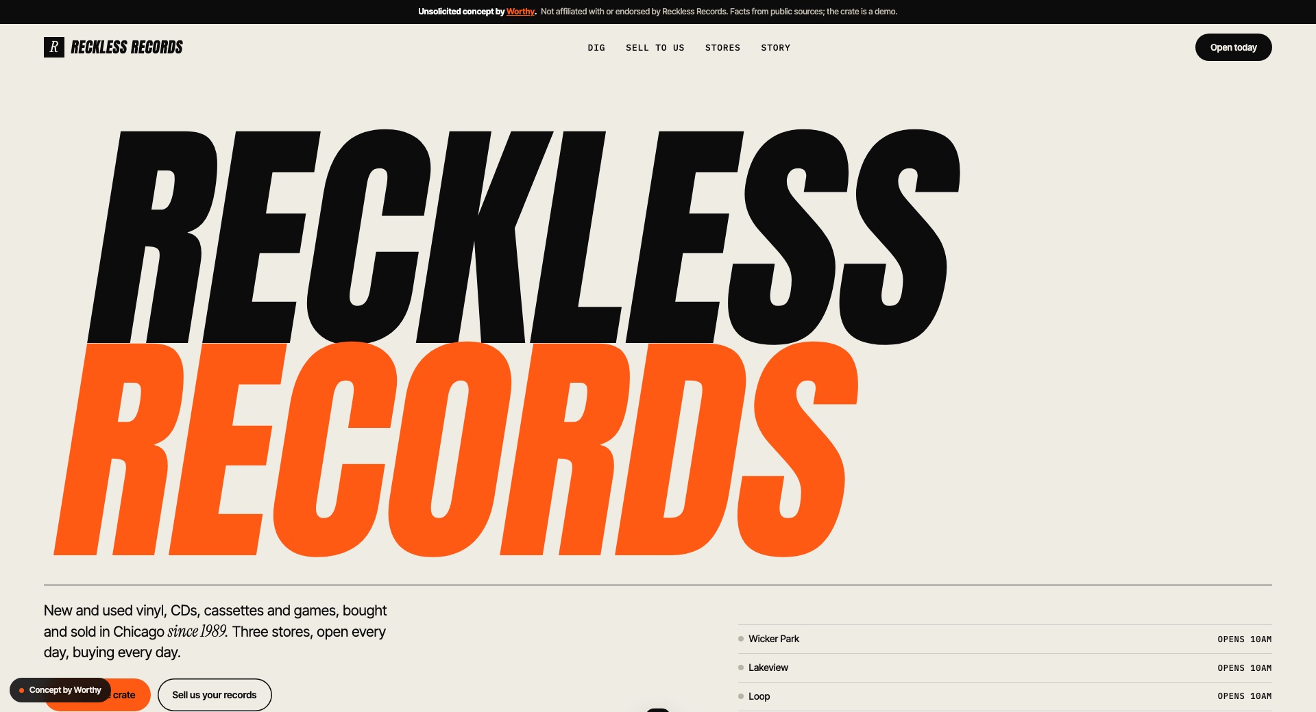 The Reckless Records concept: a huge slanted black and orange wordmark with live store status