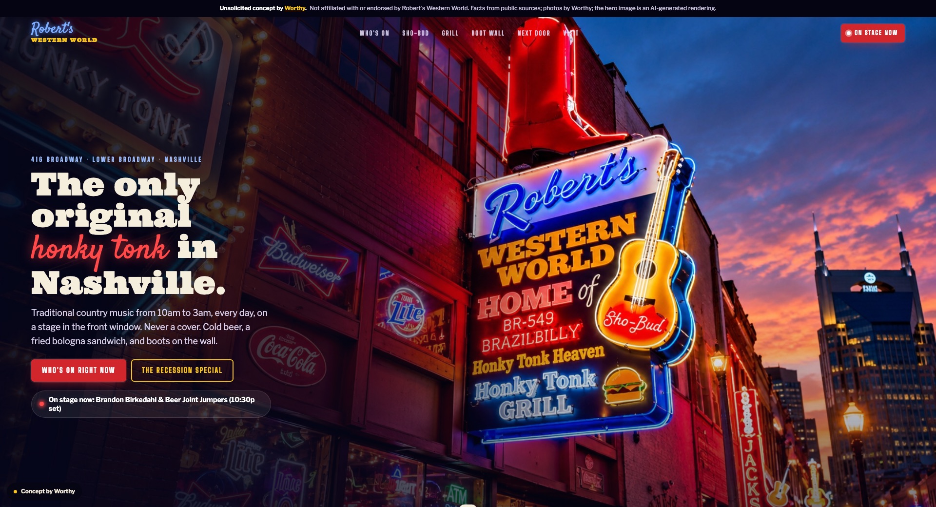 The Robert's Western World concept: the neon sign with the giant red boot and the Sho-Bud guitar on Lower Broadway at night