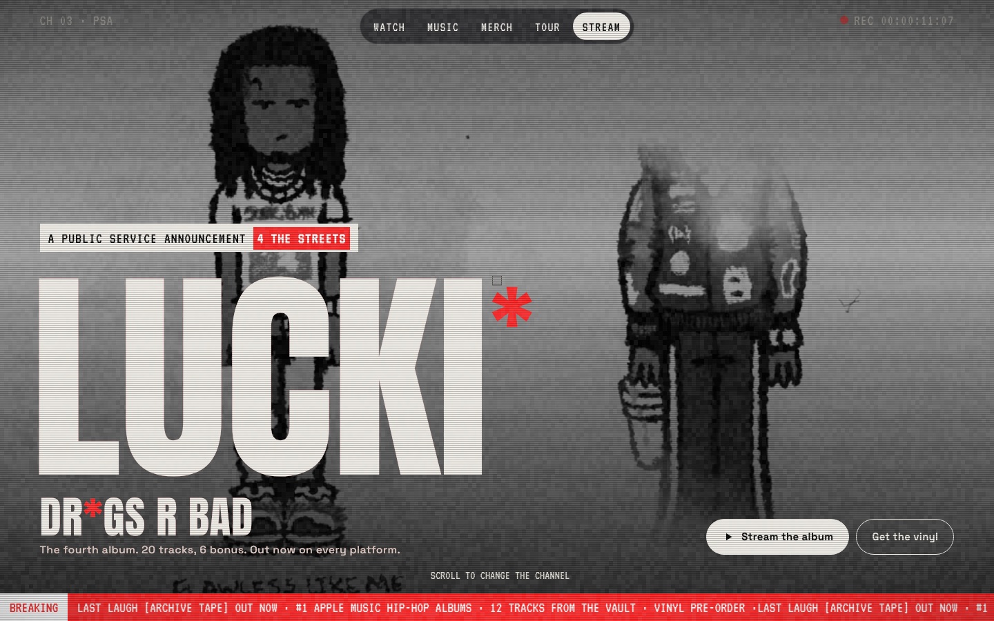 The LUCKI concept site's opening screen: a giant LUCKI wordmark over a black-and-white visualizer